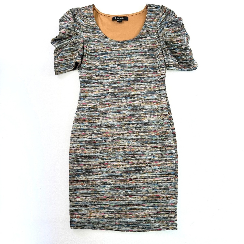 Forever 21 Dress Women Multi Color Space Dye Knit Puff Sleeve Mini Dress Small